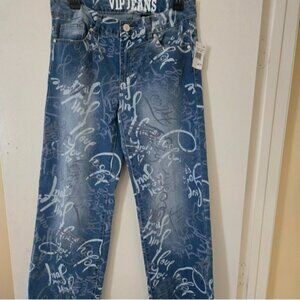 NWT VIP Blue and White Straight Jeans with Artistic Pattern